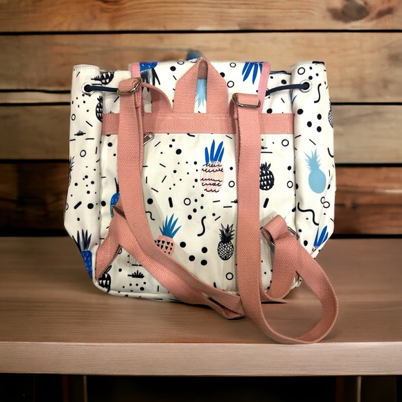 HotStyle Drawstring Mini Backpack White w/Cute Pineapples 3 Zipper Pockets - Picture 4 of 7